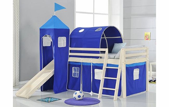 Mid Sleeper Wooden Cabin bed Whitewash with Slide + BLUE Design + Tunnel 6970WW-BLUE