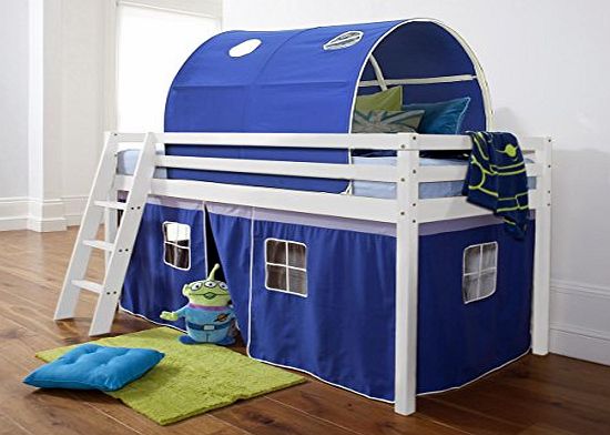 Noa and Nani Midsleeper Cabin Bed in Solid White with Tent and Tunnel in Blue amp; Mattress