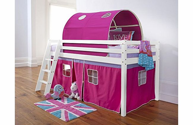 Noa and Nani Midsleeper Cabin Bed in Solid White with Tent and Tunnel in Pink