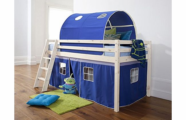 Noa and Nani Midsleeper Cabin Bed in Whitewashed Pine with Tent and Tunnel in Blue