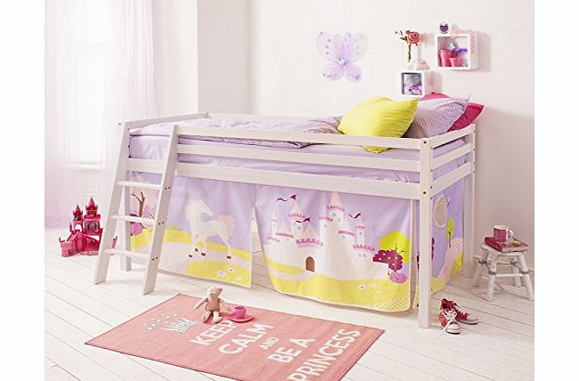 Noa and Nani Whitewashed Pine Midsleeper Cabin Bed with Princess Fairytale Tent