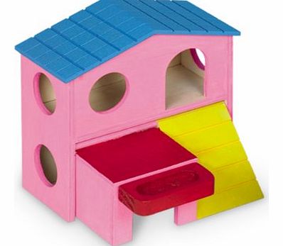 Two Floors Many Rodent Wooden House, 15 x 16 x 15 cm, Pink