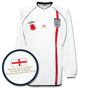 01-03 England Home L/S Shirt + Poppy and British Forces Patch (includes andpound;5 donation to Briti