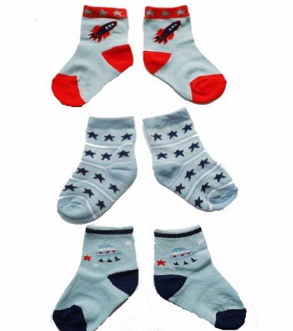 Nursery Time Baby Boys Cute Socks 3 Pairs - Blue Spaceship, Rocket amp; Stars Design (Newborn)