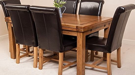 OAK FURNITURE KING Farmhouse Rustic Solid Oak 160 cm Extending Dining Table amp; 6 Brown Washington Leather Dining Chairs