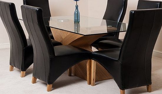 VALENCIA OAK SMALL 160cm x 90cm GLASS DINING TABLE WITH 4 OR 6 LOLA LEATHER CHAIRS (AVAILABLE IN 4 COLOURS) (BLACK, TABLE & 6 CHAIRS)