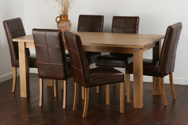 Oak Furniture Land Solid Oak Dining Set With 6 Brown Stitch Back