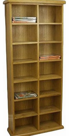  - CHUNKY OAK CD / DVD STORAGE UNIT TALL WIDE DOUBLE RACK TOWER SOLID WOOD