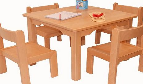 Obique Childrens Furniture Solid Beech Wood Set of Five One Childrens Table with Four Childrens Chairs without Arm Rest Natural Varnish