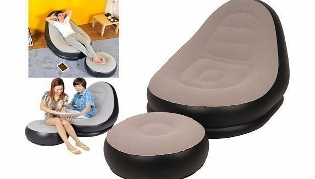 Inflatable Deluxe Lounge Lounger 1 Person Chair With Ottoman Foot Stool Rest- Pouffe - Seat Relaxer Single Couch