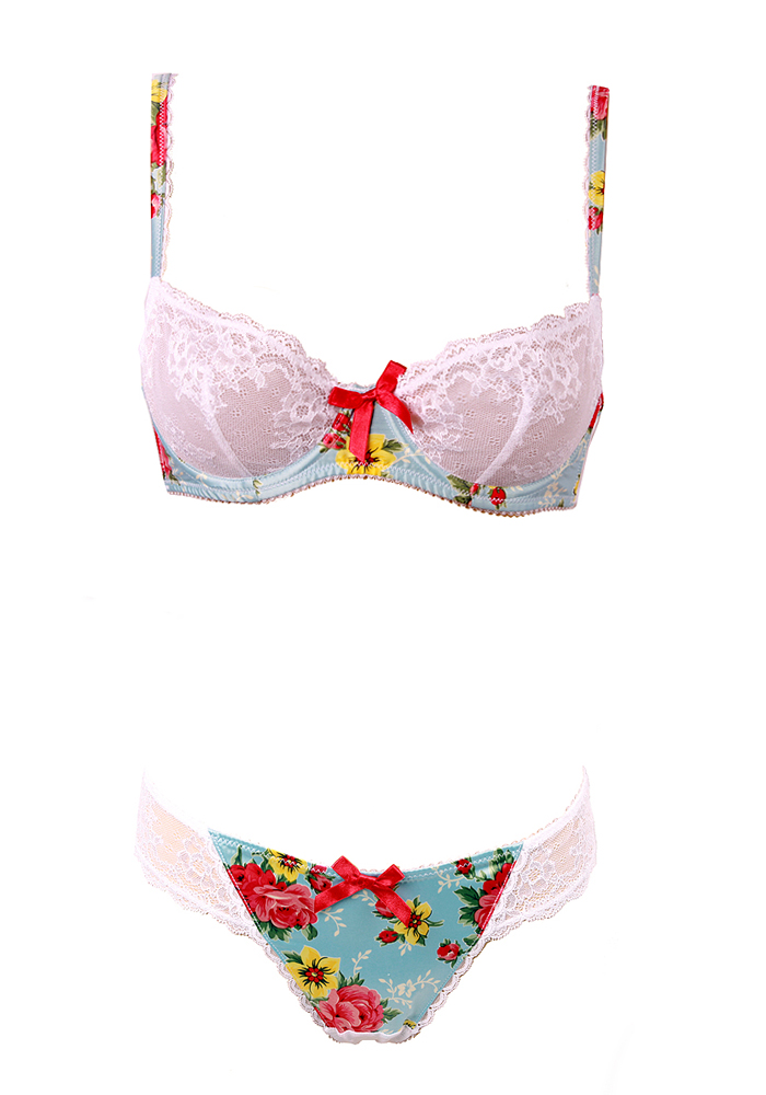 Tea Rose Print Lace and Satin G-string by Odille