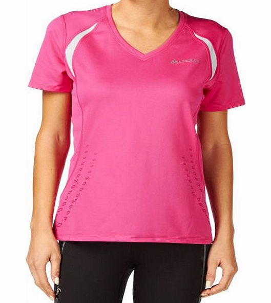 Womens Odlo Stripe V-Neck T-Shirt - Magenta -