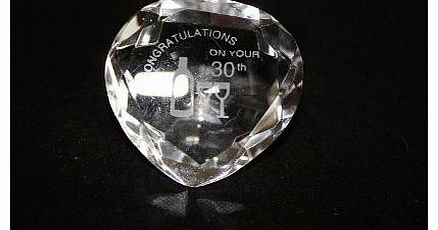 Engraved Clear Crystal Heart, ``Congratulations on your 30th`` With Engraved Celebratory Wine Bottle and two Wine Glasses as pictured; Crystal Heart Measures 5 x 5 x 2.5 cm, Ideal Birthday Present, Gift