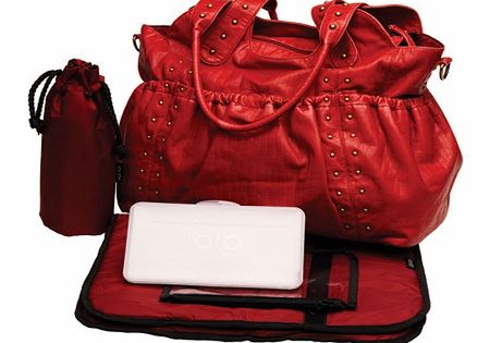 Studded Red Ruched Faux Leather Tote