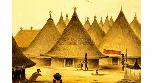 OLD MASTERS AND CLASSICS PAINTING LANDSCAPE AFRICAN NATIVE VILLAGE HUT POT FIRE SPEAR 30X40 CMS FINE ART PRINT ART POSTER BB8543