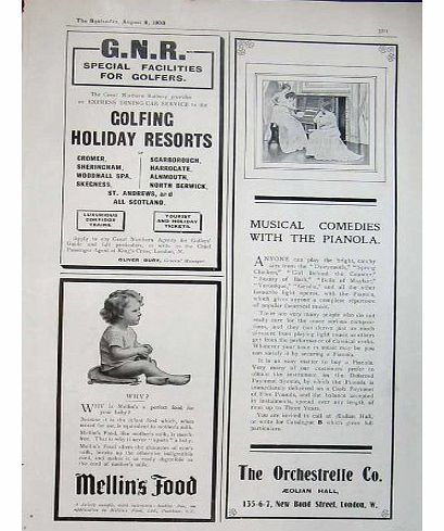 Old-print 1906 Golfing Holiday Resort Mellins Food Orchestrelle