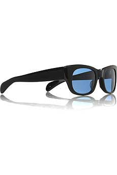 Black framed sunglasses with blue tinted polarized lenses.