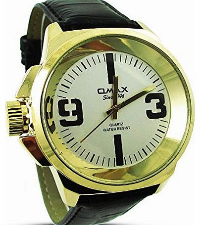 Branded Fashion Mens Watch / Gents Watch at Discounted Sale Price - Swiss OMAX Chrome Border White Face Leather Strap Wrist Watch