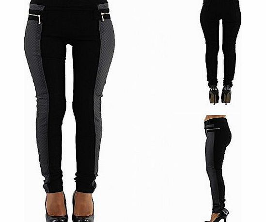 Womens Quality stretchy Black Goth Trouser Jean with Leather look inserts Sizes UK 6-14 (Tag XL fits UK12 waist 31-32 inches ( 78.5-81 cm))