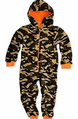 Boys Hooded Fleece Onsie Kids Jumpsuit Childrens Sleepsuit - Camo Orange 7/8 Yrs