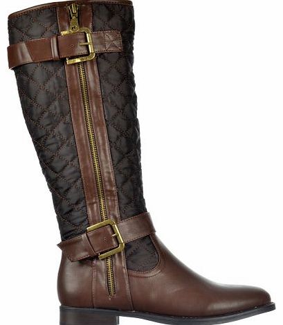 Ladies Womens Quilted Knee High Riding Boots With Buckle and Straps Feature - Black, Tan Brown Brown UK6 - EU39 - US8 - AU7