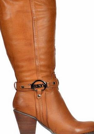 Onlineshoe Womens Ladies Tall Knee High Biker Boots With Straps and Heel UK6 - EU39 - US8 - AU7 Tan With Buckle