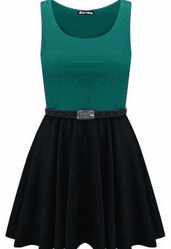 Womens Belted Sleeveless Office Flared Franki Party Club Ladies Skater Dress Top