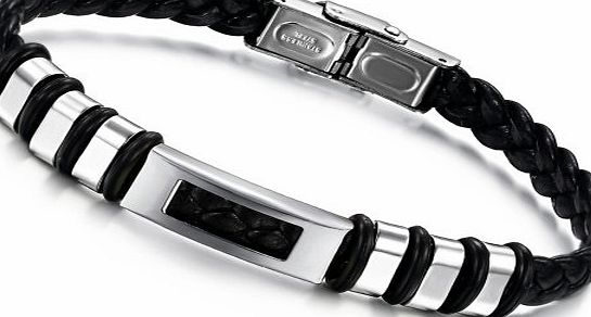 OPK South Korea Style New Fashion Leather Material Titanium Stainless Steel Mens Bracelet Bangle Best Gift!(Silver,Width:10mm,Inner perimeter:22cm)