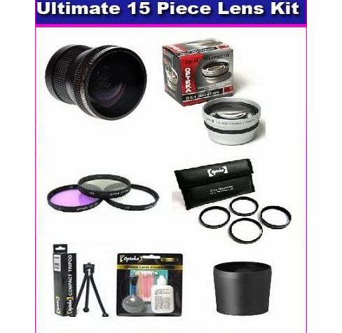 Opteka Panasonic Lumix DMC-FZ18 DMC-FZ28 DMC-FZ35 FZ35K Ultimate 15 Piece lens Kit Package Includes 0.20X Super Wide Angle Fisheye lens, 2.2X HD Telephoto Lens, 5PC Pro Macro Lens Set, 3PC UV, PL, FLD Filter
