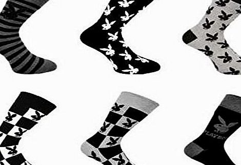 ORIGINMENSWEAR New Mens Teens 6 Pair Multipack Playboy Office Work Mixed Designs Neon Socks (Classic Playboy)