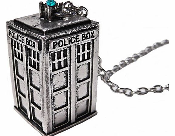 TV Inspired Tardis Silver Tone Pendant Necklace with Blue/Green Crystal Light