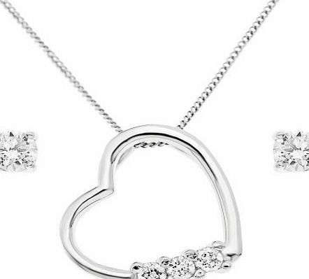 Ornami 925 Silver CZ Heart Pendant amp; Earring Set 46cm Chain Pendant with 3 CZ Solitaire Stud Earrings
