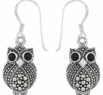 925 Sterling Silver Marcasite and Agate Owl Earring Drops