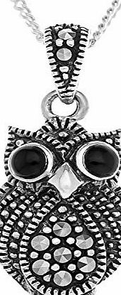 925 Sterling Silver Marcasite and Agate Owl Pendant on 46cm Chain