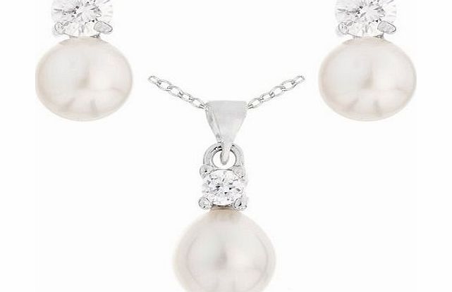 Ornami Jewellery Set with 0.925 Sterling Silver Pearl and Cubic Zirconia Pendant, Earring and Chain of 46cm