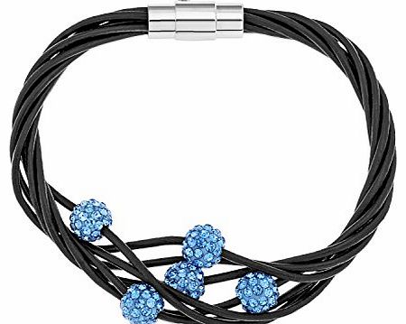 Ornami Multi Strand Leather Bracelet with Blue Coloured Crystal Beads of 19cm