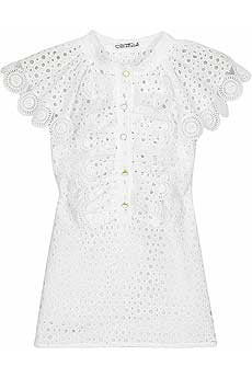 White cotton eyelet blouse with ruffle trim placket on front.