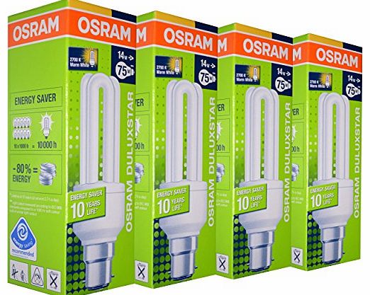 Osram 4 x OSRAM DULUXSTAR LUMILUX 14W (=75W Equivalent) BC B22 B22d CFL Energy Saving Light Bulbs, Bayonet Cap, 769 Lumen, 10 Years, 827, 2700K Warm White Stick Lamps
