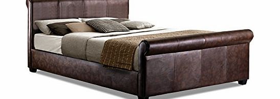 Otto-Garrison Scroll / Sleigh Double Bed Upholstered in Faux Leather, 4 ft 6, Brown