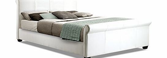 Otto-Garrison Scroll / Sleigh Double Bed Upholstered in Faux Leather, 4 ft 6, White