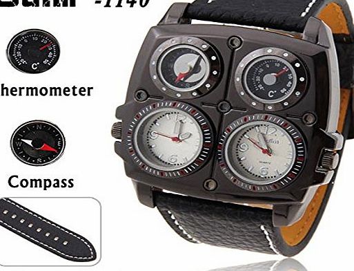 Oulm Mens Large Watch. Dual Time Zones, Compass, Thermometer - Big 5cm Multi-Function Dial - Long 16-22cm Black Genuine Leather Strap (Square Silver)
