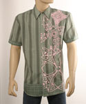 Ozeki Mens Lotus Green & Pink Velour Design Short Sleeve Shirt