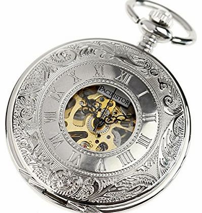 Pacifistor  Mens Silver Tone Skeleton Mechanical Pocket Watch Hand Wind Roman Numerals Classic Engravable with Chain #PX-012-S
