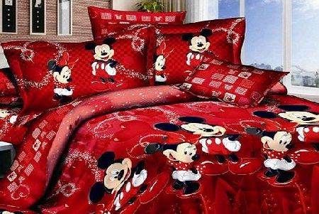 Paiboon lucky Mickey and Minnie Mouse King Queen Adults Cartoon Bedding Set Cotton Bed Sheet Linens Doona Duvet Cover/comforter Cover Sets (Red, Queen)