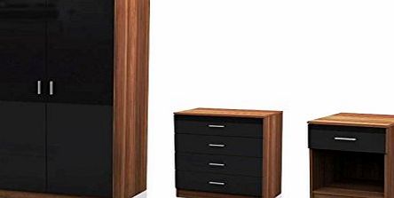 Panoply Furnishings 3 Piece Bedroom Set Black High Gloss Walnut Frame Double Wardrobe, Bedside Cabinet, Chest of Drawers