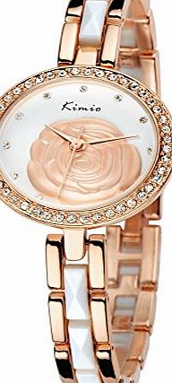 New Fashion Quartz Watch Stainless Steel Engraving Rose Flower Dial Lady Women Dress Watch With Rhinestone Design -Gold