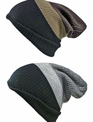 Unisex Mens Ladies 4 in 1 Fully Reversible Striped Slouch beanie skull cap. 4 different looks from 1 hat-Grey/Brown