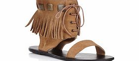 Camel suede fringe sandals