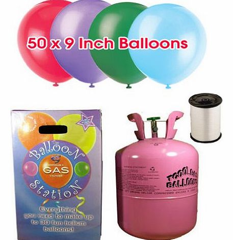 Partyrama Disposable Helium Gas Cylinder with 50 Assorted Balloons and Curling Ribbon included