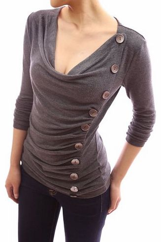 Cowl Neck Button Embellished Ruched Blouse Top (Grey 12)